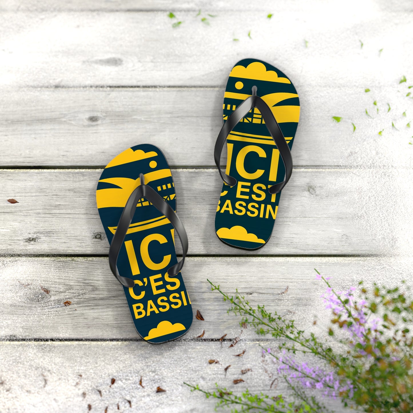 Tongs « ICI C’EST BASSIN » – Tongs de plage uniques, souvenir du Bassin d’Arcachon, confort et style été