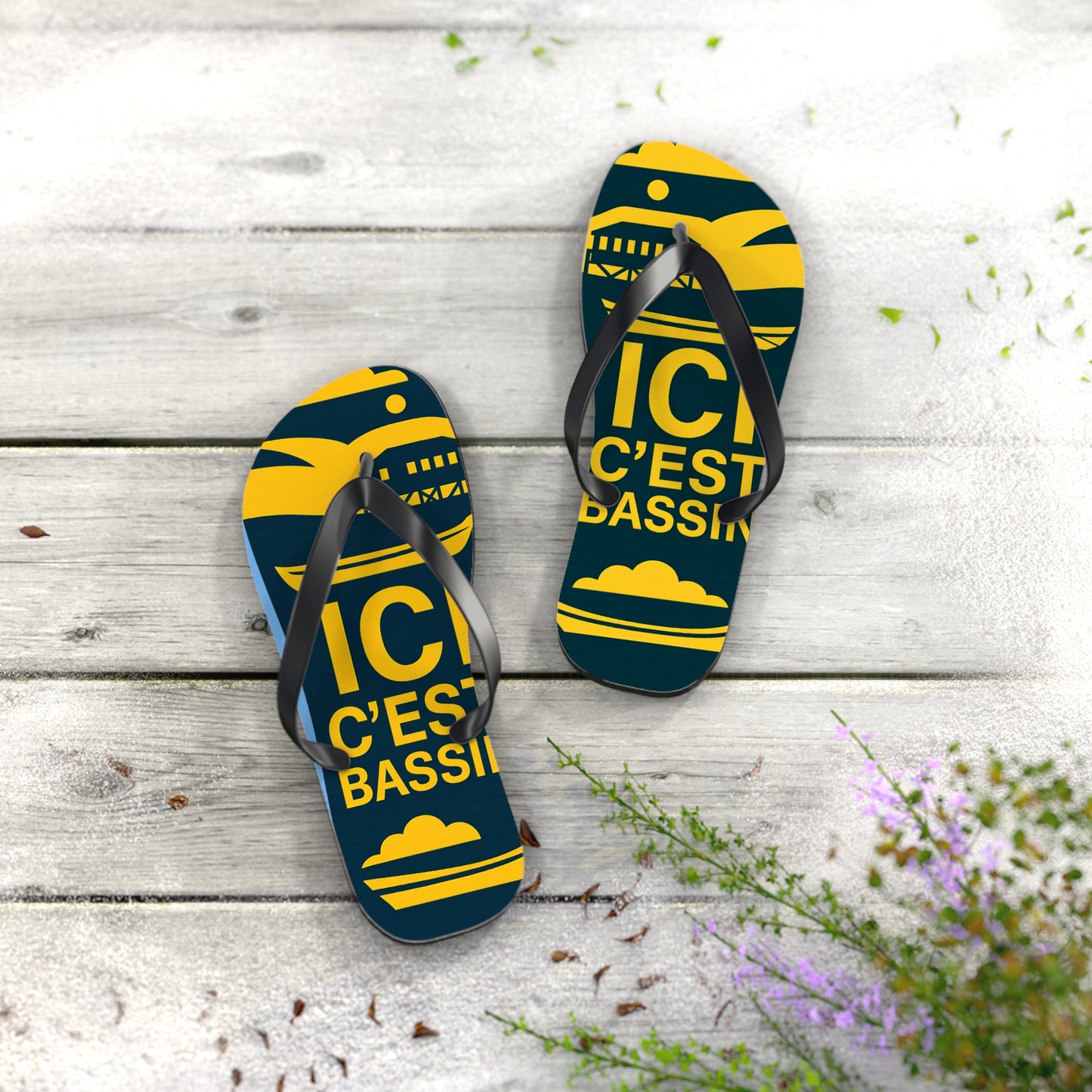 Tongs « ICI C’EST BASSIN » – Tongs de plage uniques, souvenir du Bassin d’Arcachon, confort et style été
