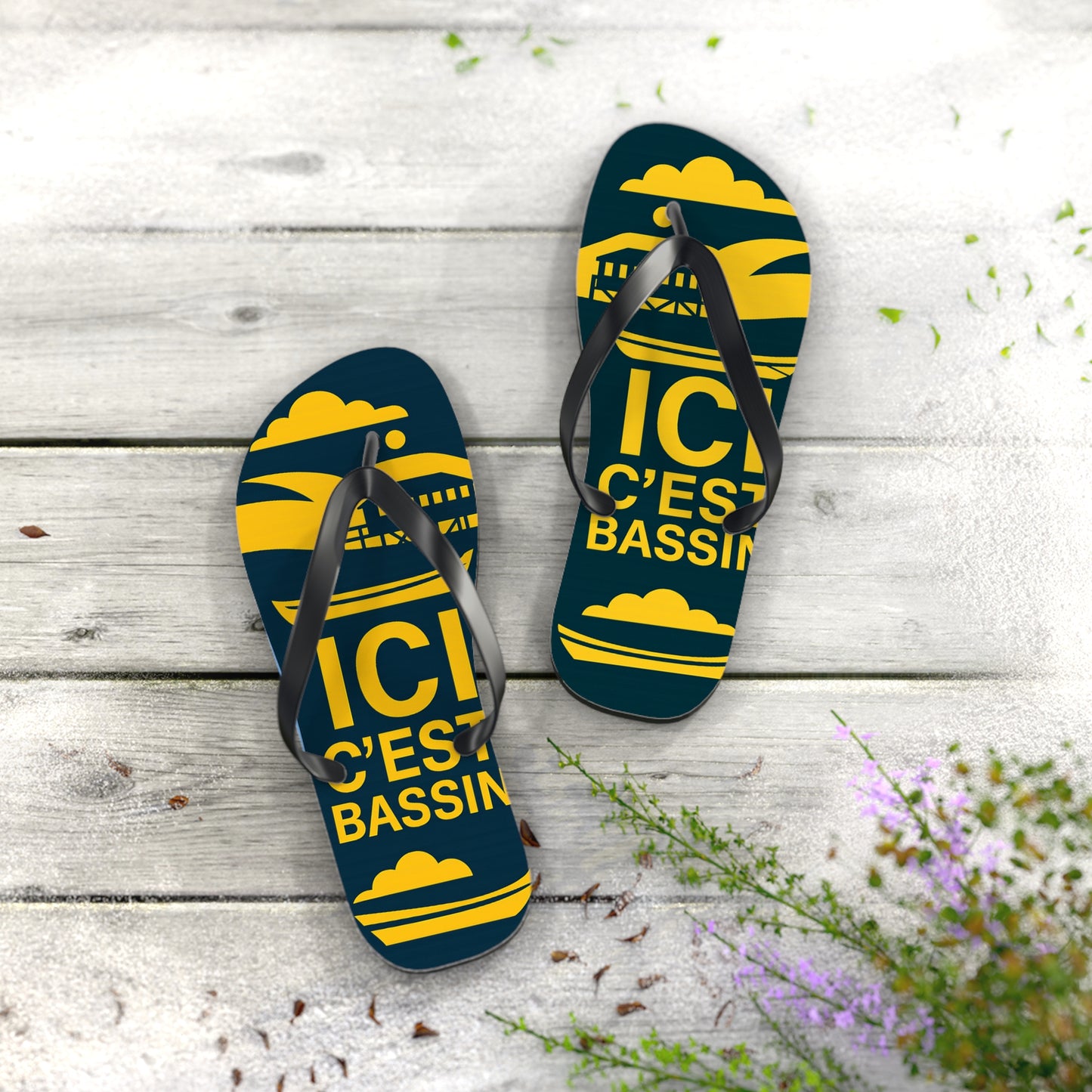 Tongs « ICI C’EST BASSIN » – Tongs de plage uniques, souvenir du Bassin d’Arcachon, confort et style été