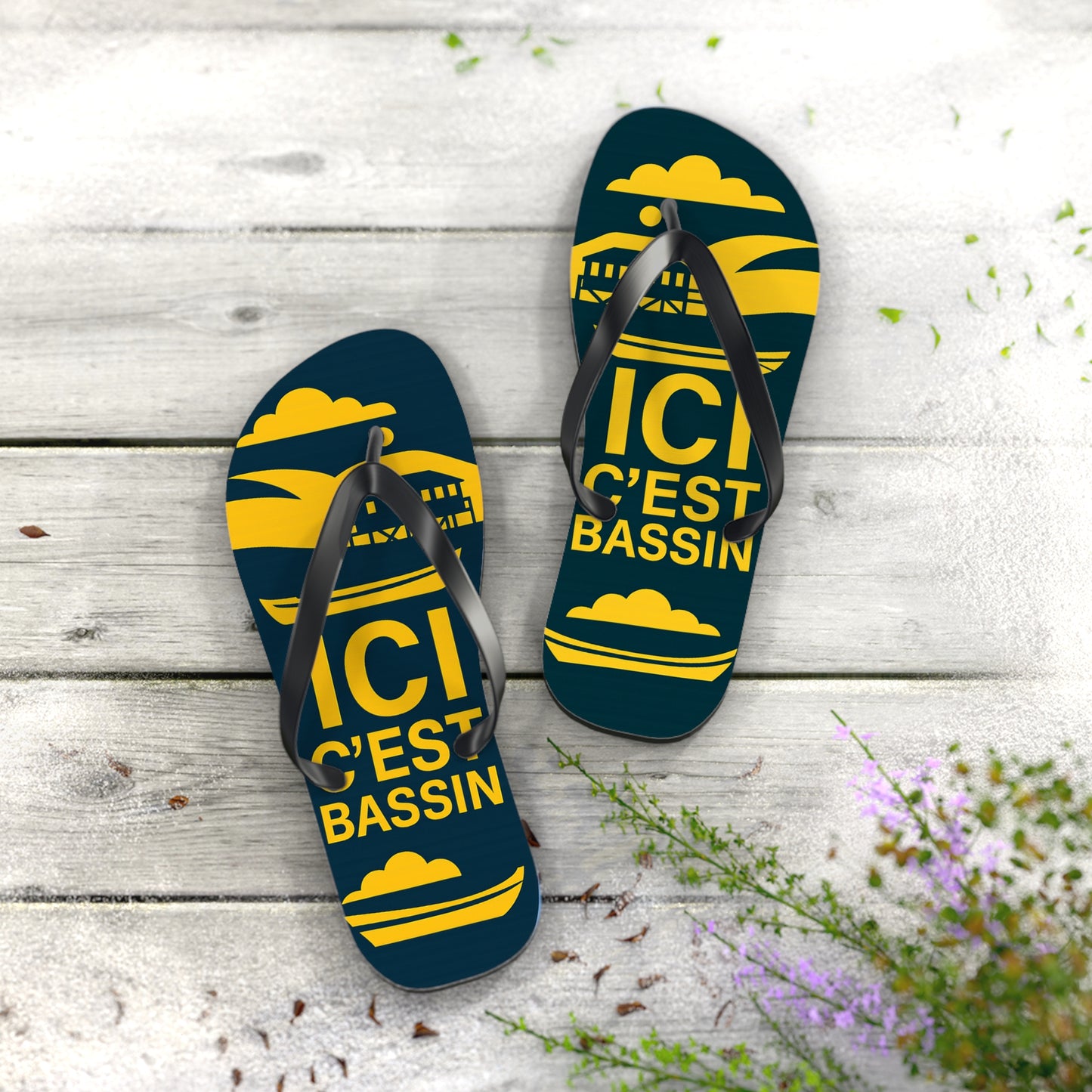 Tongs « ICI C’EST BASSIN » – Tongs de plage uniques, souvenir du Bassin d’Arcachon, confort et style été
